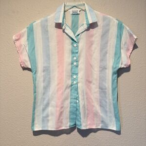 Personal Petites Vintage Pastel Striped Button Up Short Sleeve Blouse Pink Blue